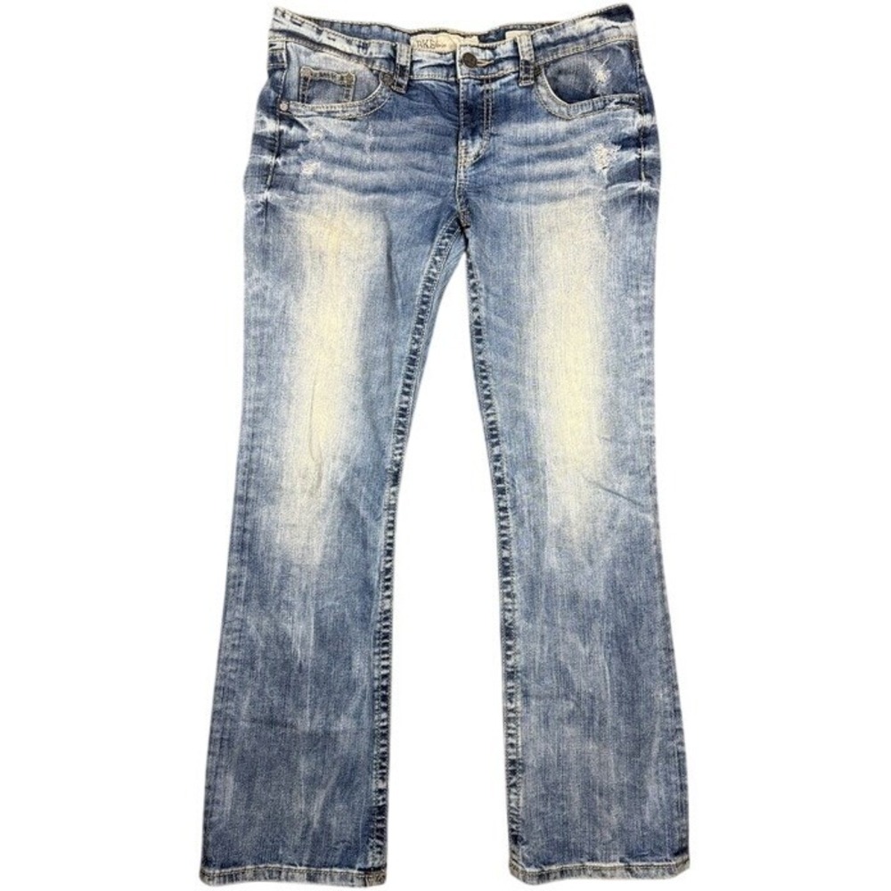 BKE Stella Women 32R Bootcut Jeans Medium Wash Distressed Low Rise Denim Pants